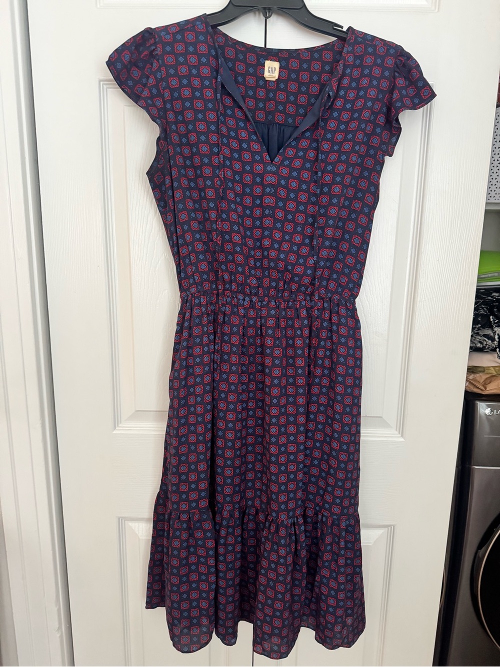 GAP Navy and Red Printed Cap-Sleeve Midi Dress